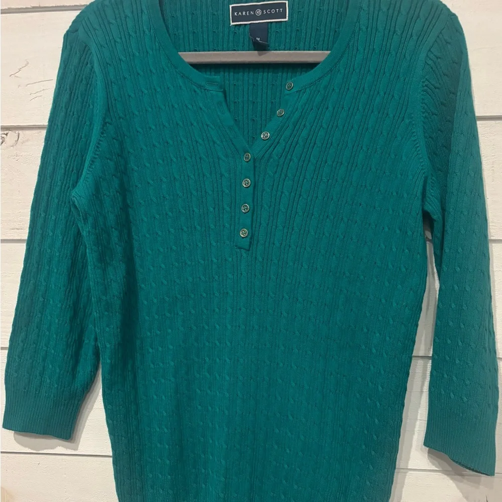 Karen Scott NWT Women's Teal Green Henley 3/4 Sleeve  Sweater in size medium - Picture 4 of 8